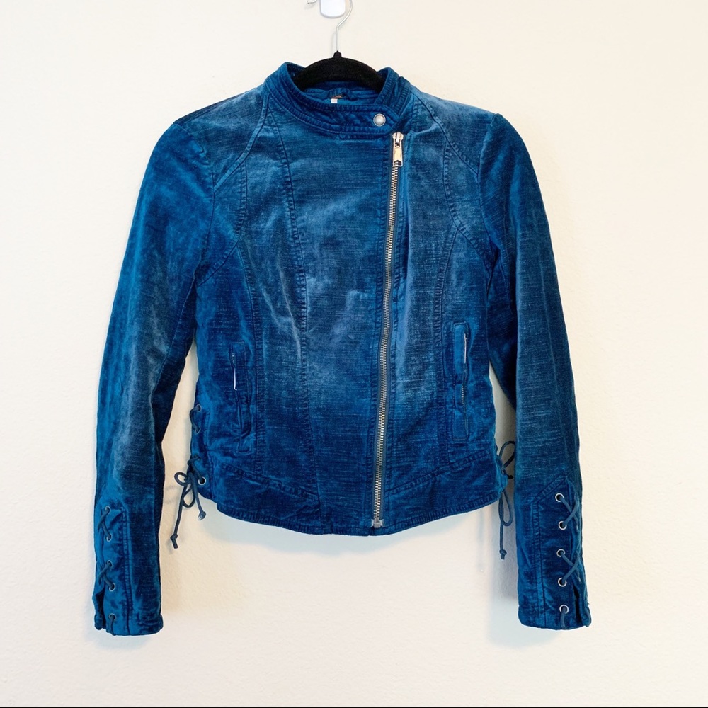 Free People Lacey Velvet Moto Jacket in Blue